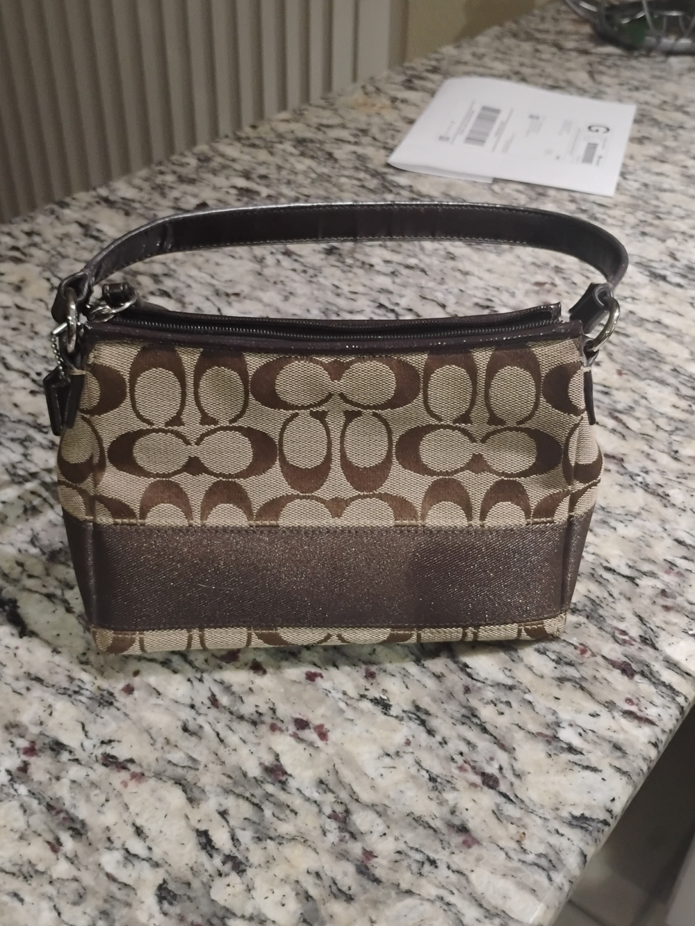 Coach Brown Signature Jacquard Mini Shoulder Bag with Dark Brown Trim